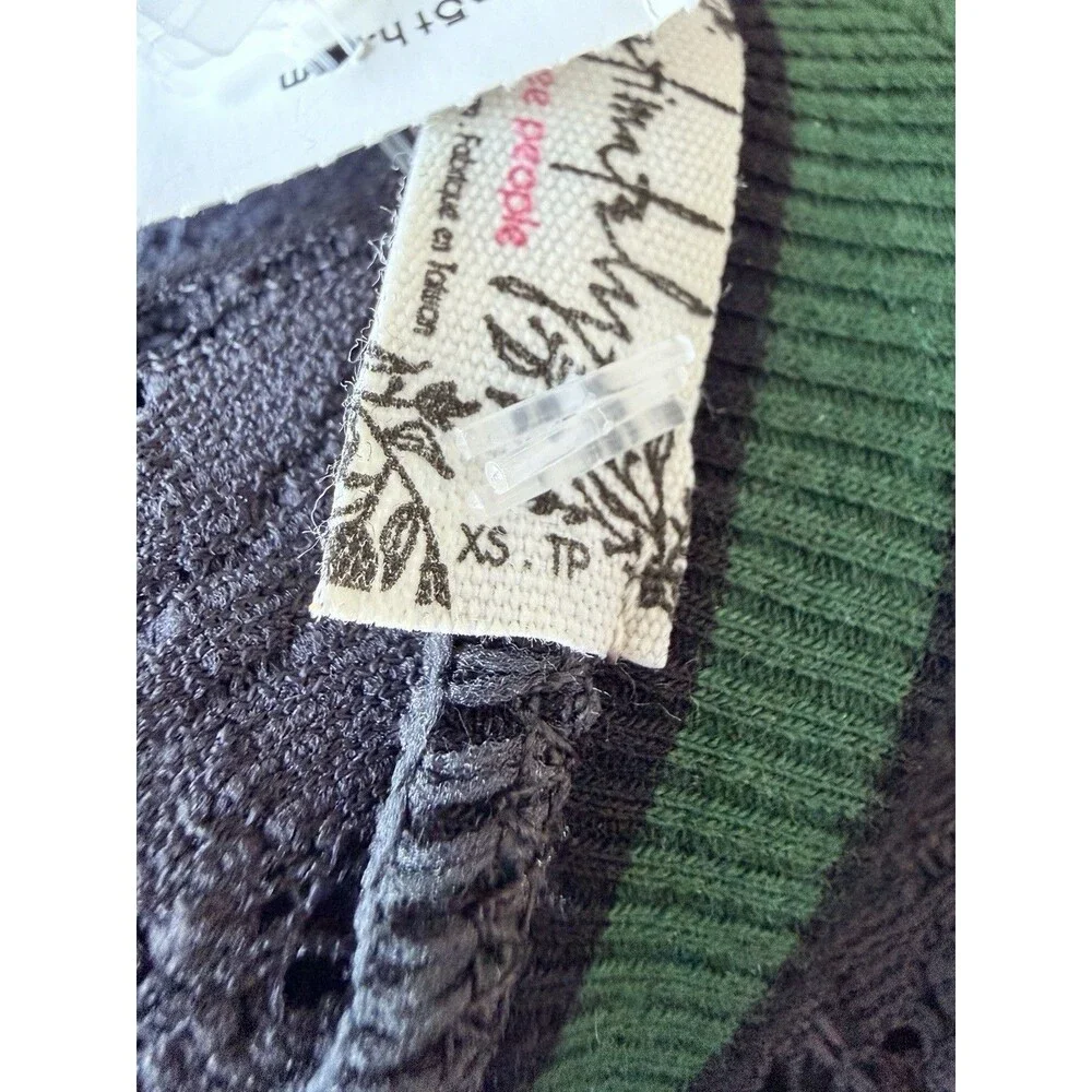 Free People Lace Long Sleeve Top XS Gray V-Neck Sheer Stretch Nylon Green Trim